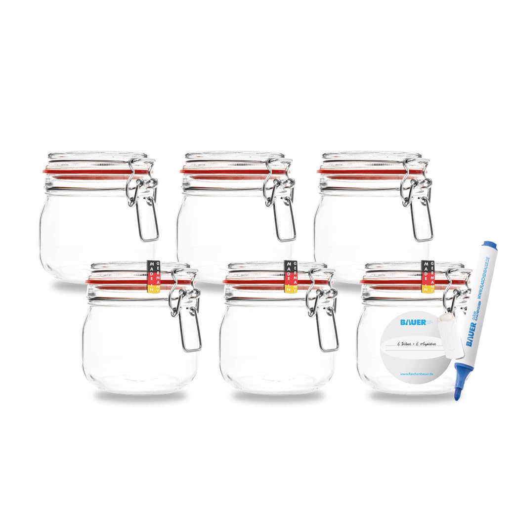 Bottle maker - 6-piece set of 634ml wire bail jars, suitable for canning and fermenting, for storage, filling, wire bail jars including labels - Made in Germany