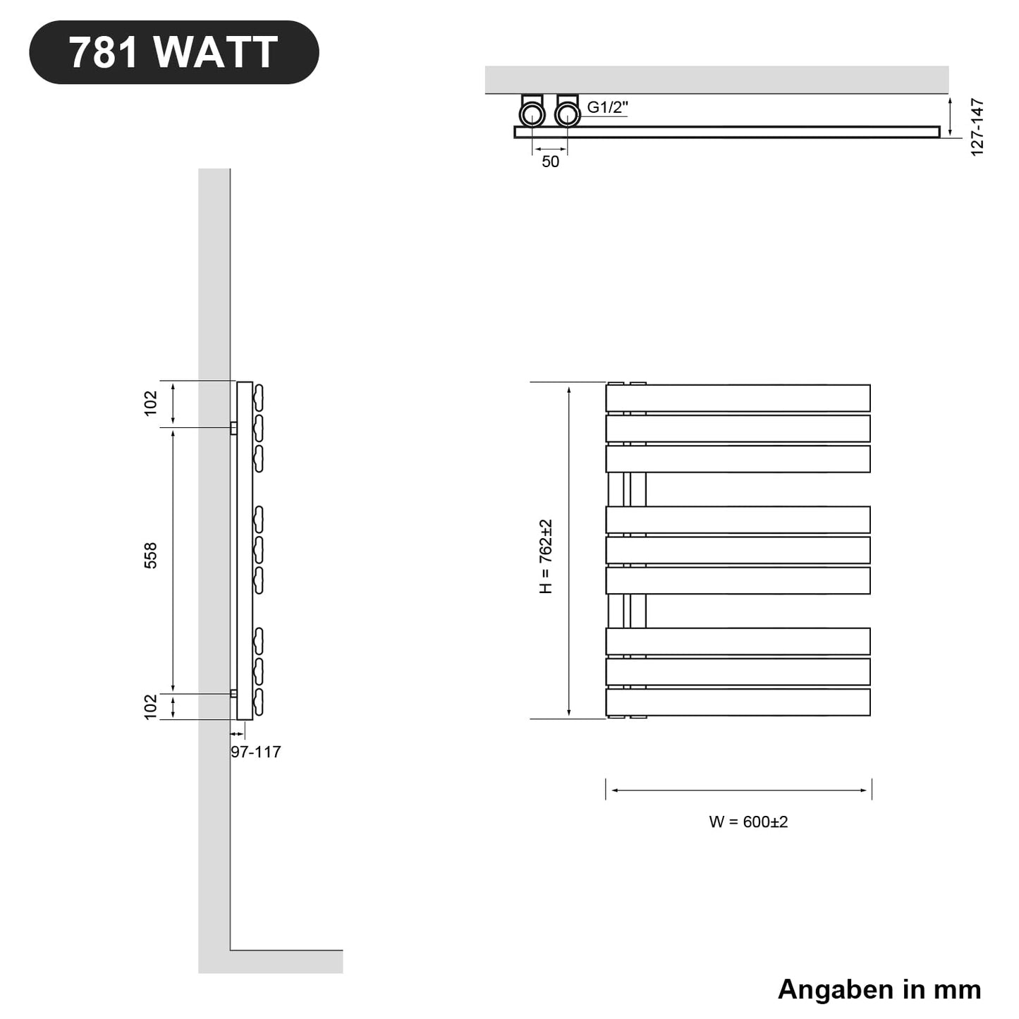SONNI flat towel radiator 762 x 600 mm in white with side connection panel. 781W towel warmer.