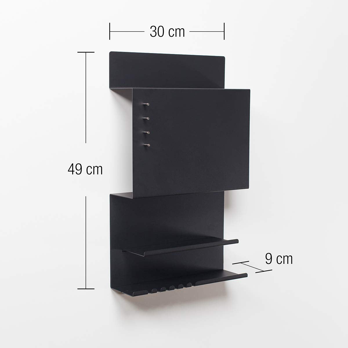 Offer wall organizer Hepe made of steel structure. 30 x 9 x 49 cm 3-in-1 wall shelf with magnetic board and magnets. Board for keys, newspapers, and notes. Black color.