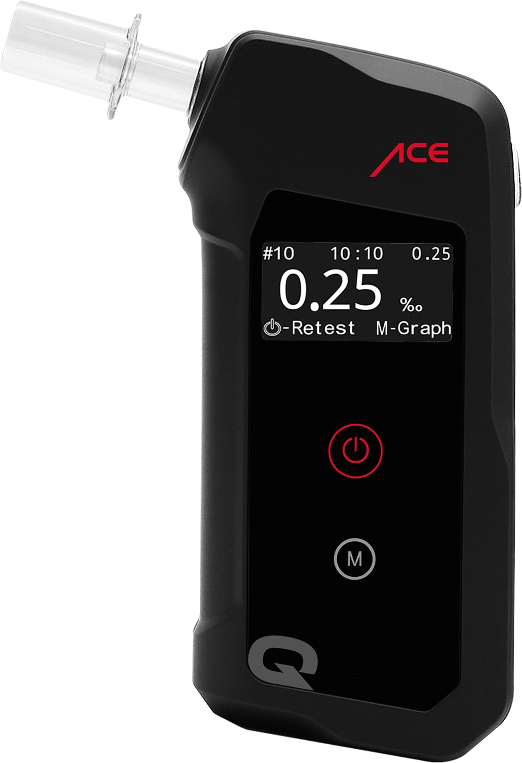 ACE Q Alcohol Tester - Breathalyzer with memory and OLED display - police-calibrated accuracy - Alcohol tester for car and parties.