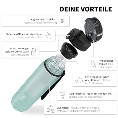 720°DGREE Kids Water Bottle 500ml “uberBottle“ softTouch +Fruit Infuser - Leakproof, BPA-Free - Slim Tritan Water Bottle for School, Sports, Fitness - Lightweight, Impact-resistant, Reusable
