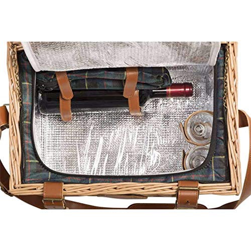 Les Jardins de la Comtesse - Picnic Basket Trianon Green - Leather Straps - Complete for 2 People - Cooler Compartment - Ceramic Plates and Wine Glasses - 40 x 30 x 23 cm