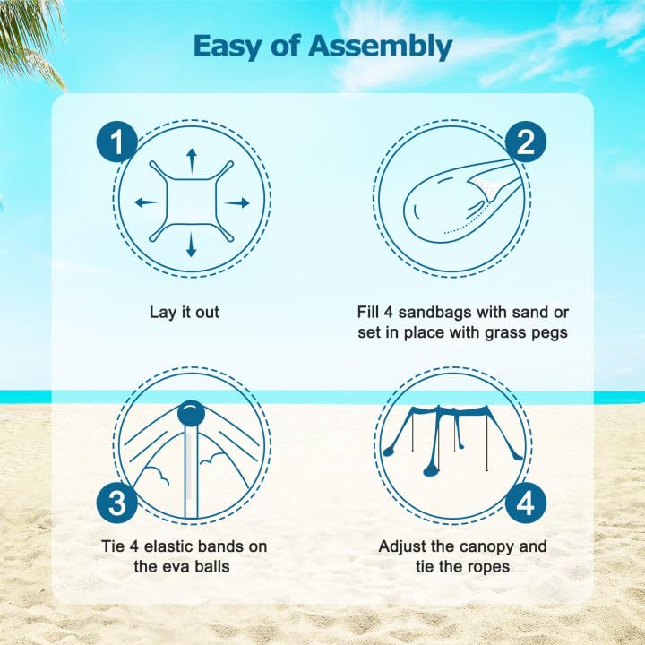 The COMMOUDS sun shade 3M x 3M, UPF50+ beach tent with 4 aluminum poles and sandbags for 6-8 people provides portable sun protection. Easy setup for picnics, outdoor fishing.