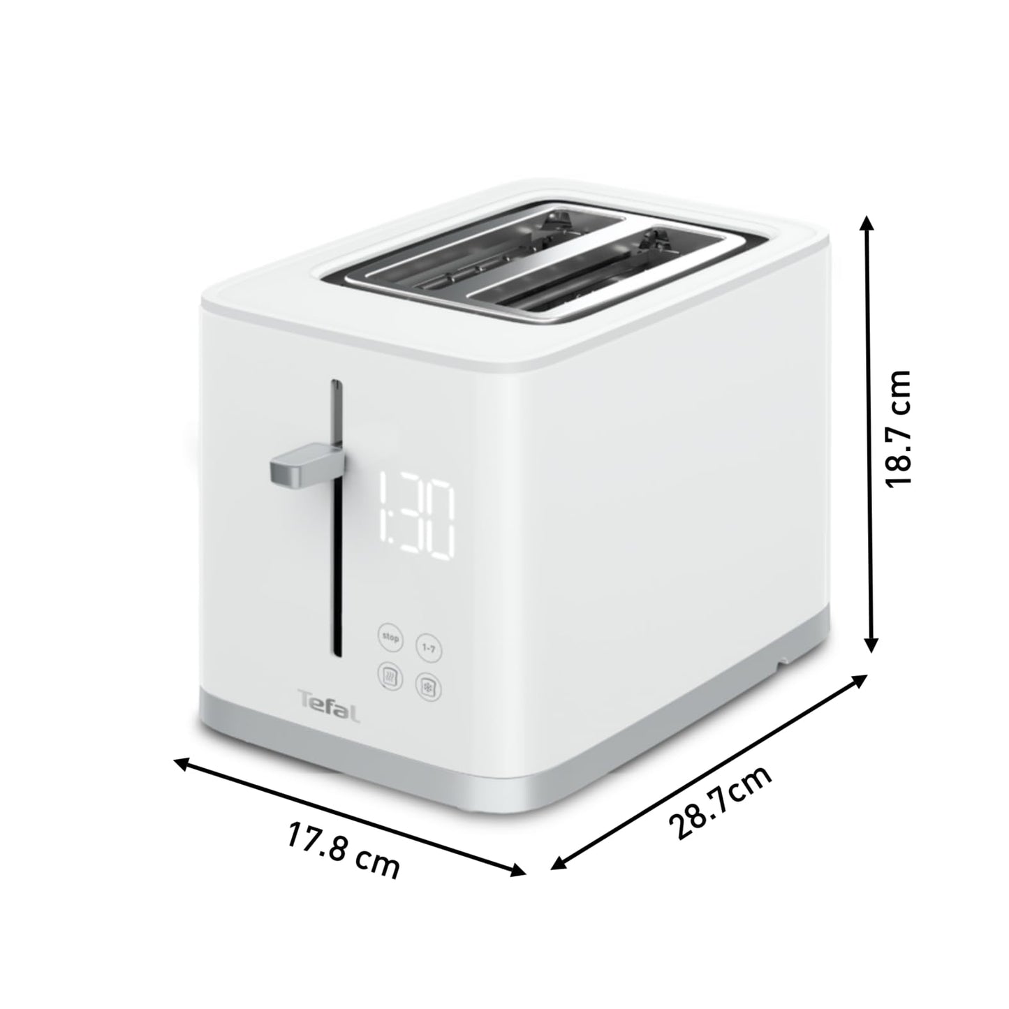 Tefal TT6931 Sense Toaster | 7 browning levels | Digital display | Countdown | Reheat/Defrost | Crumb tray | Stop button | White