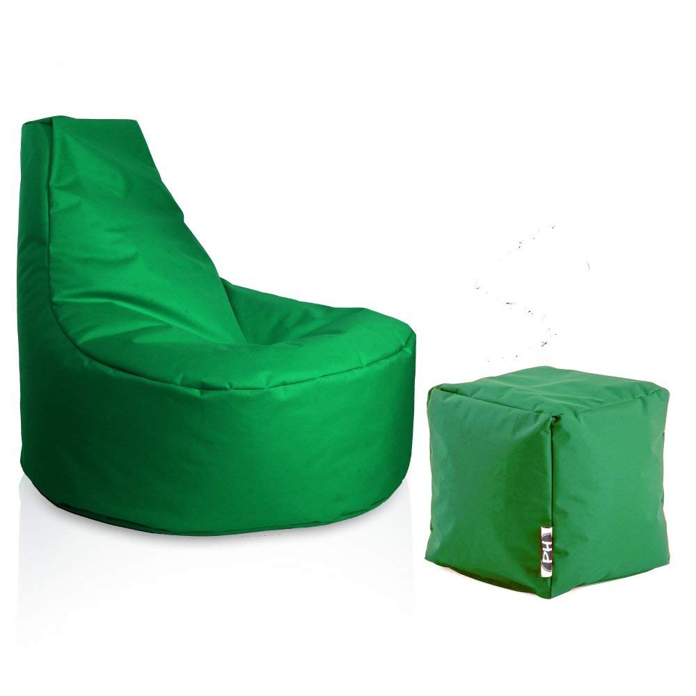 PATCH HOME Gamer Chair including Dice Bean Bag Set Ø80cm, 30cm seat height, 90cm height + 35x35cm Cube Green