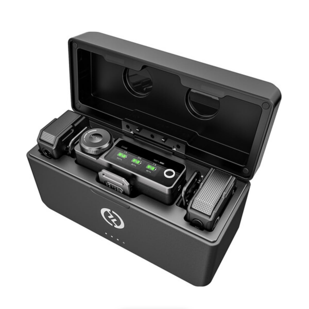 Hollyland Lark MAX wireless lavalier microphone features 48kHz/24-bit audio quality, ENC anti-noise technology, 22-hour battery life, 250m range, 8GB storage. Perfect for DSLR cameras, smartphones, iPhones, and PCs.