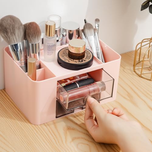 RISEMART desk organizer with 2 drawers, pencil holder, large capacity, stationery storage box for school, office, home, makeup, desk accessories, pink