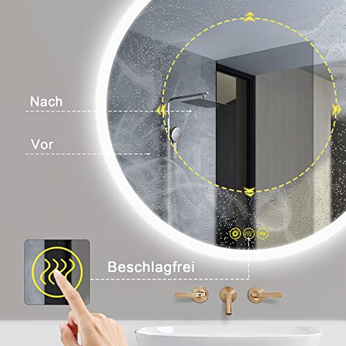 AI-LIGHTING Bathroom Mirror with Round Lighting 50 cm, 3 Light Colors, Fog-Free, Memory Function, Touch Switch, Energy Efficient.