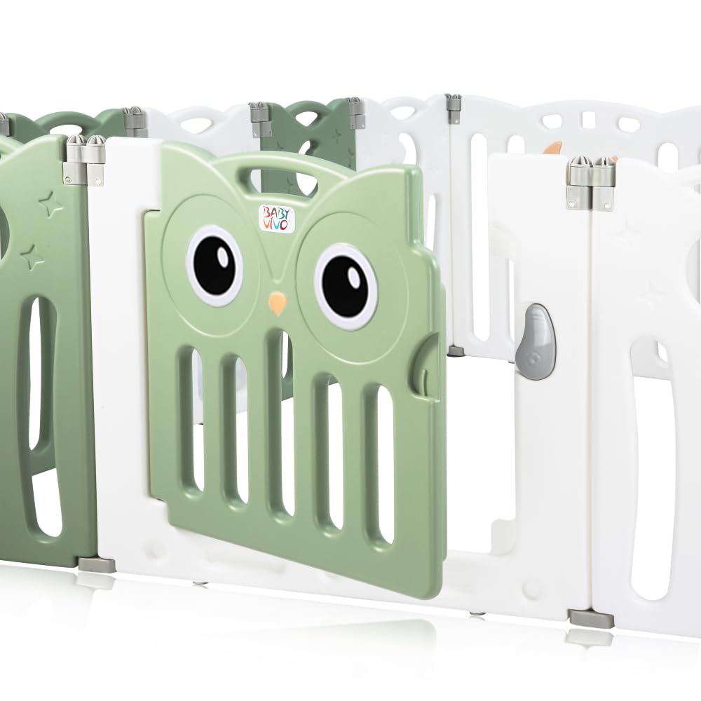Baby Vivo Playpen Play Yard Foldable Baby Playpen Crawl Gate Safety Gate for Kids made of plastic with door and toys 14 elements in Green - Owl