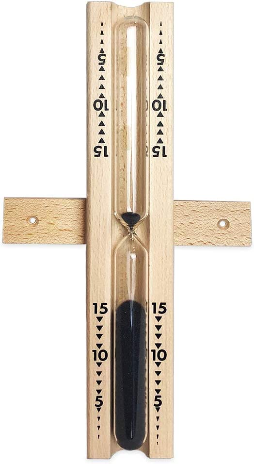 SudoreWell® Sauna Hourglass Premium 15 Minutes made of pine wood with handle and black sand plus Sauna Climate Meter Thermometer + Hygrometer Drop made of light pine wood