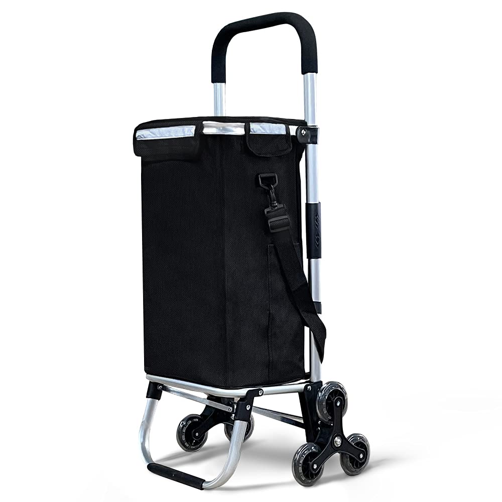 VOUNOT Aluminum Shopping Cart Stair Climber, Foldable Trolley Cart with 6 Wheels and Cooler Compartment, Waterproof, 58L, Black
