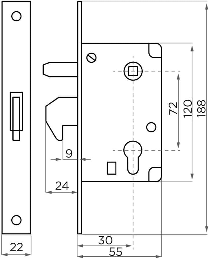 Aqbau® set hook lock with lock box 72/30 for sliding door mortise lock sliding door lock sliding door latch sliding gate latch garden gate entrance gate metal galvanized lever lock