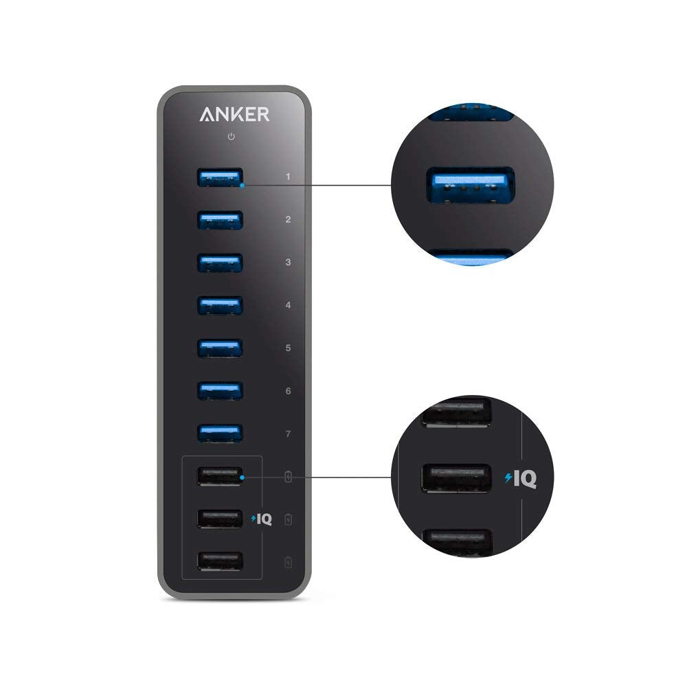 Anchor 10 Port 60W Data Hub USB 3.0 7-Port with 3 PowerIQ charging ports, compatible with MacBook, Mac Pro/Mini, iMac, XPS, Surface Pro, iPhone 7, 6s Plus, iPad Air 2, Galaxy Series, Mobile HDD, and more.
