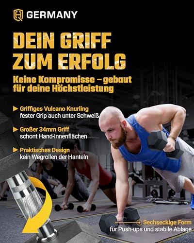 HQ Germany® Hexagon Dumbbells 22.5kg 2 pieces | Odorless, ±1.5% weight tolerance | 22.5kg dumbbell, 22.5kg dumbbell set, short dumbbell, 22.5kg dumbbell set, hexagon dumbbell set