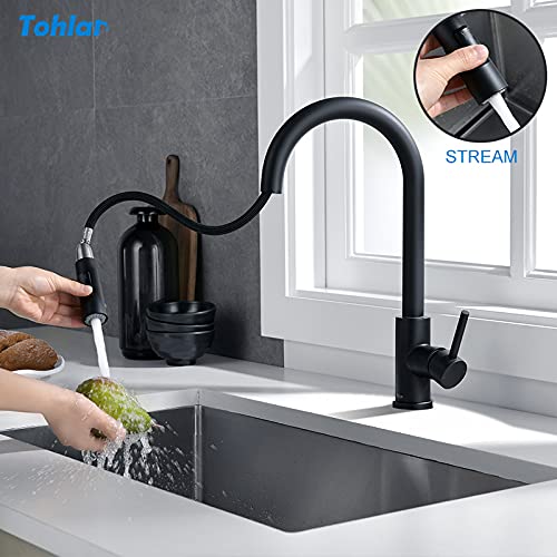 Tohlar Kitchen Faucet Black, High Pressure Pull-out 360° Swivel Kitchen Faucet Stainless Steel, Modern Single Handle Sink Faucet