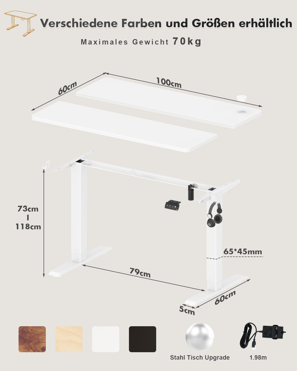 Devoko Height Adjustable Desk, Electric Standing Desk Adjustable Height Table, Sit-Stand Office Desk, Computer Desk with Memory Function, Standing Desk, Office Desk, 100 x 60 cm, White