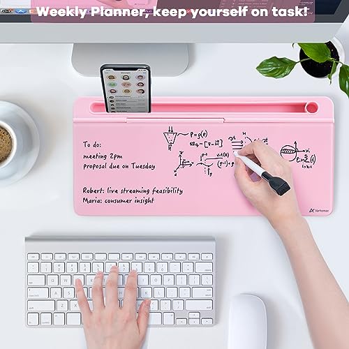 Varhomax Desk Organizer, Desktop Whiteboard Glass Pink With Storage Erasable, To Do List, Note Pad and Keyboard Stand for Home Office, Office and School Supplies