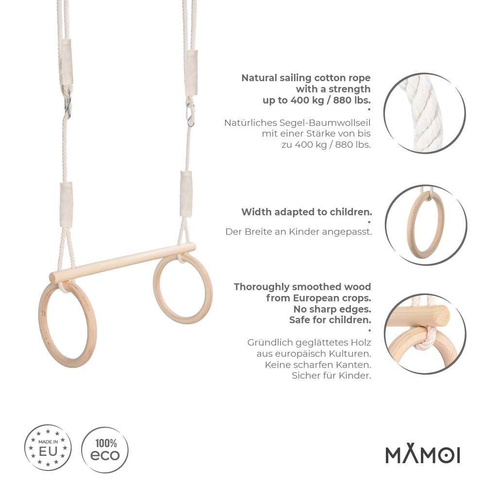 MAMOI® Trapeze swing, wooden gymnastic rings, kids' indoor and outdoor exercise equipment, ring swing, wooden swing gymnastics, gymnastic rings and trapeze bar.