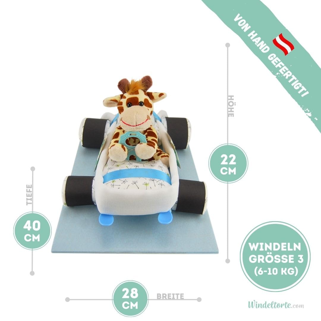 Diaper cake® Diaper car for boys & girls in blue & pink | Diaper cake/diaper gift - 14 LILLYDOO diapers | Stuffed animal - gift for birth | Baby shower gift | Plush toy (blue/boy)