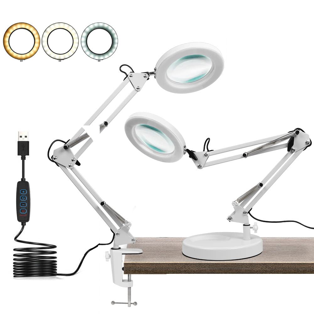 LED magnifying lamp, workplace light, 8 diopter magnifier with light - with clamp & stand, swivel arm, dimmable, 3 color modes, magnifier for reading, crafting - 8x magnification (white)