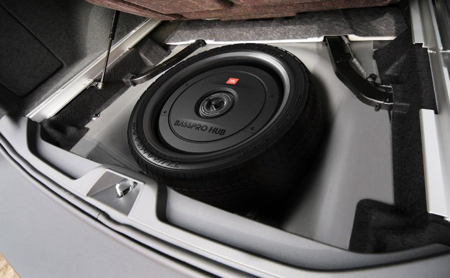 JBL BassPro Hub 11" Spare Tire Active Subwoofer Set - 300 Watt car subwoofer with built-in amplifier and fiberglass woofer for spare tire hub, Black