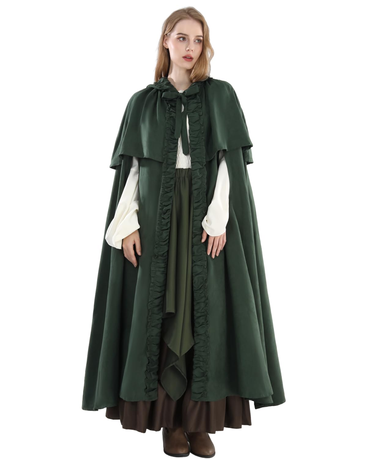 Fiamll Medieval Cloak Women Hooded Coat with Cuff Solid Color Trenchcoat Renaissance Vampire Cloak Gothic Cosplay Cape Carnival Costume Green S