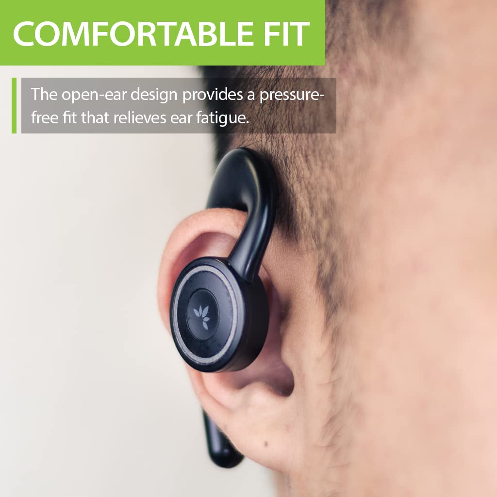 Avantree TWS116 - Wireless open-ear headphones with Bluetooth and charging station, noise cancellation, mono and stereo modes, and secure, non-adjustable ear hooks.