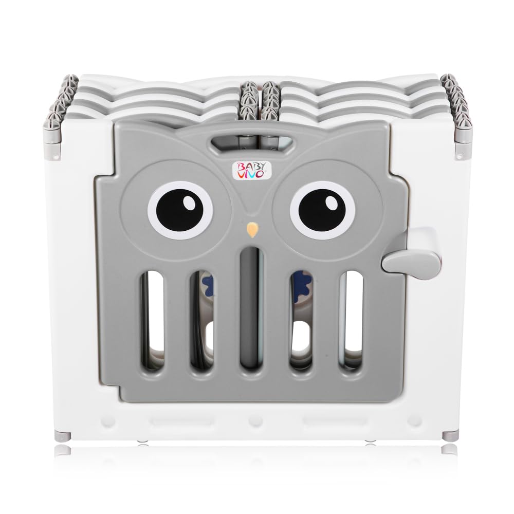 Baby Vivo Playpen Folding Playard Baby Safety Gate Playpen Fence Playpen for Kids made of plastic with door and toys 14 elements in grey - Owl