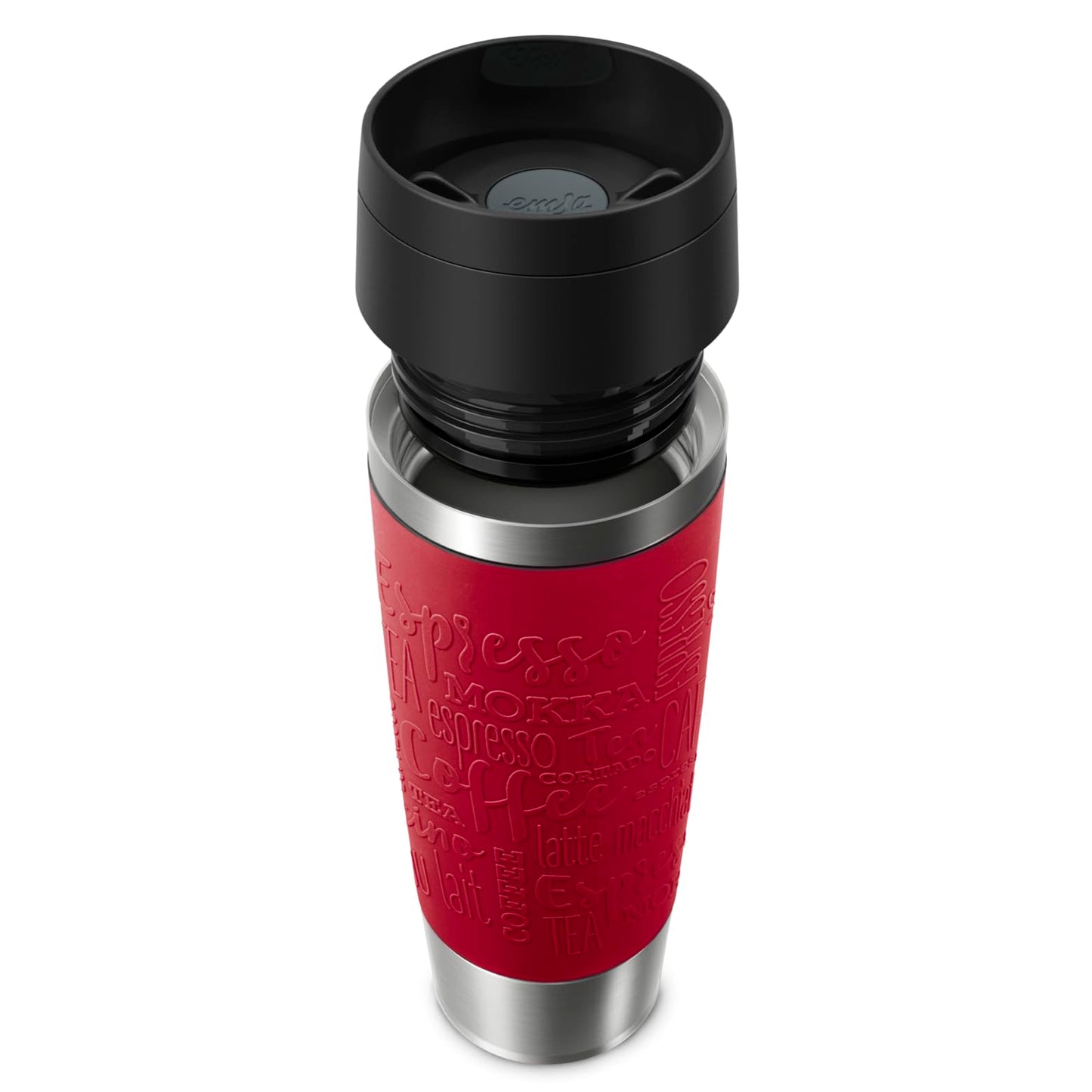 Emsa N20222 Travel Mug Classic insulated mug 0.5 liters, new comfort screw cap, stainless steel, keeps hot for 6h and cold for 12h, 100% leak-proof, dishwasher safe, 360° drinking opening, Dark Red