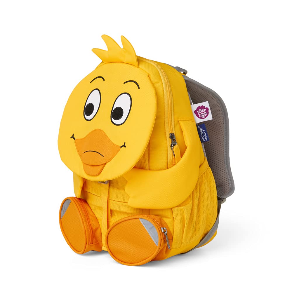 Monkey Big Friend Kids Backpack in the shape of the duck from the German TV show "Die Sendung mit der Maus", yellow, reflective, ergonomic, name on extendable tongue, 8 liters, size: 20 x 31 x 12 cm, AFZ-FAL-001-042