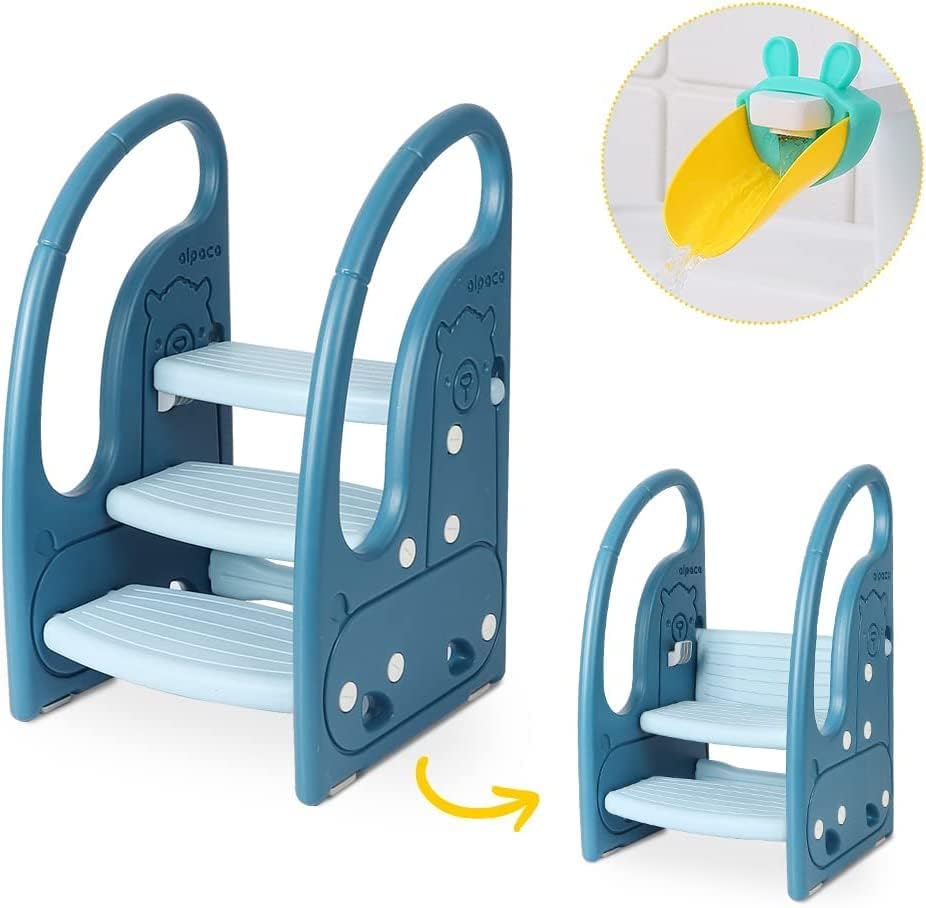 Onasti step stool for kids, Three-step height adjustable toddler stool for baby, Comfortable handrail, Multifunctional, Anti-slip, Suitable for approx. 1.5 to 6 years old - (Blue)