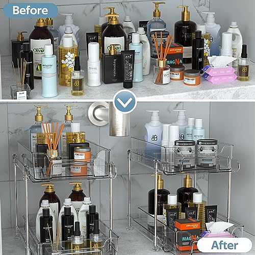 DEKAVA Under Desk Organizer, 2 Pieces, Bathroom Cabinet Organizer, 2 Layers, Sliding Door Basket, Drawer, Multi-purpose Bathroom Storage Baskets for Bathroom (Transparent)