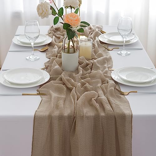 AOKSUNOVA Wedding Table Runner Muslin Long Cheese Cloth Table Runner Fabric Brown 3m x 80cm Washable