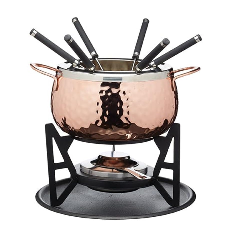 Artesà Fondue Set with 6 forks and stainless steel pot, ceramic bowl, metal stand and burner, for chocolate, cheese, or meat.