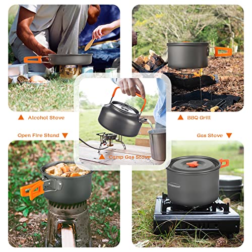 Overmont Camping Cookware Set outdoor dish set pot set picnic pot with coffee pot tea pot aluminum for 3-4 people.
