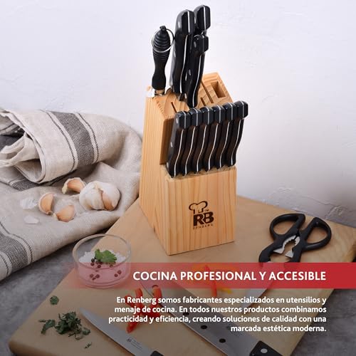 RENBERG Tenessy | Kitchen knife | 15-piece complete set with wooden handle | Perfect for cutting all types of ingredients | Professional kitchen | Made of stainless steel