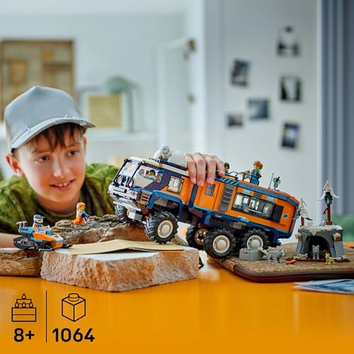 LEGO City Arctic Truck with Lab - build and play set - exploration vehicle with steering and suspension - includes snowmobile, 5 mini-figures, and 3 wolf figures - gift for boys 8 years and older - 60471