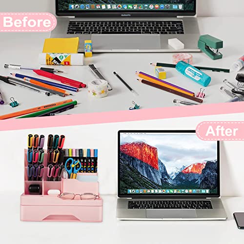Desk organizer with drawer, 5-piece set, plastic, multifunctional, pen holder for kids, office, home, in pink color.