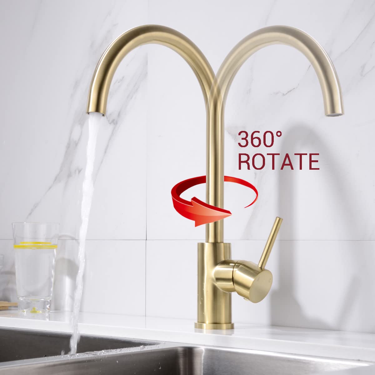 TRUSTMI Brass Faucet Single Handle High Arc Kitchen Sink Faucet Swivel C-Spout, Brushed Gold