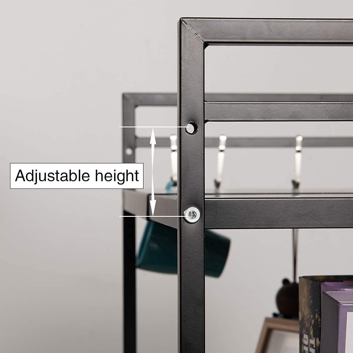 Pull-Out Microwave Shelf, Kitchen Shelf Holder, Microwave, Extendable, with 3 Levels, Made of Carbon Steel, with 3 Hooks (3 Levels, Black)