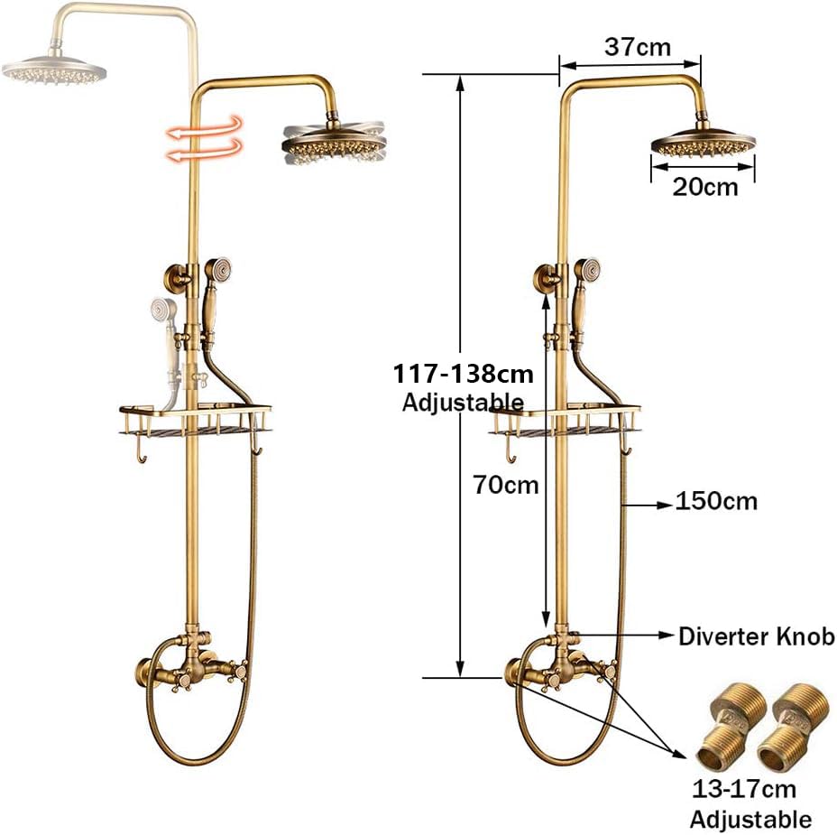 Rozin Brass Antique Shower Faucet with Hand Shower Faucet 8 Inch Shower Head Rain Shower Head Rain Shower with Storage Shelf