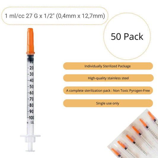 50 pieces 1 ml/cc plastic tube 27G (0.4 x 12.7mm), multipurpose measuring tools, individually packaged (27G 1/2").