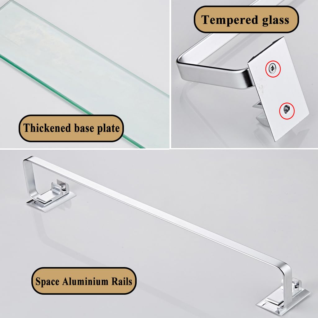 Mgchowue Glass Bathroom Shelf, Glass Shelf Wall Shelf 60 80cm Bathroom Shelf Storage Rack - with chrome rail & 8mm tempered glass bathroom shelf