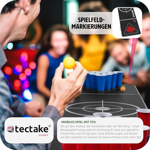 tectake® Beer Pong Table, includes 100 cups (50 red & 50 blue) and 6 balls, adjustable height, foldable table with carry handles, adult party games, drinking game