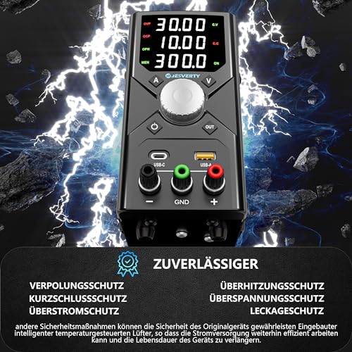 Jesverty Lab Power Supply 0-30V 0-10A, adjustable DC regulated bench power supply with encoder knob, USB-A and USB-C fast charging, 4-digit LED display, preset memory - SPS-3010X