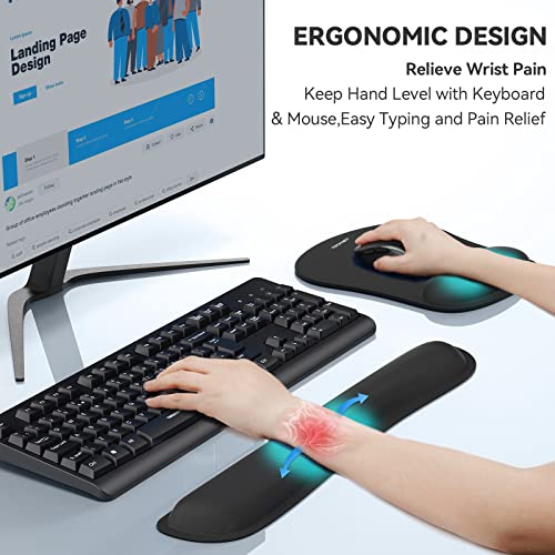 TeckNet Keyboard Wrist Rest and Mouse Pad with Wrist Support, Memory Foam Set for Computer/Laptop/Mac, lightweight for easy typing & pain relief, ergonomic mousepad (black)