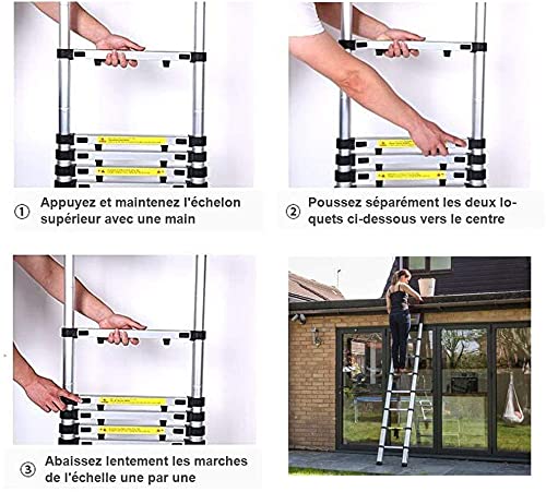 Meditool 5M Aluminum Telescoping Ladder Folding Extendable Multipurpose Ladder Leaning Ladder made of high-quality aluminum telescopic design 150 kg capacity, 8X8 rungs, Silver/Black