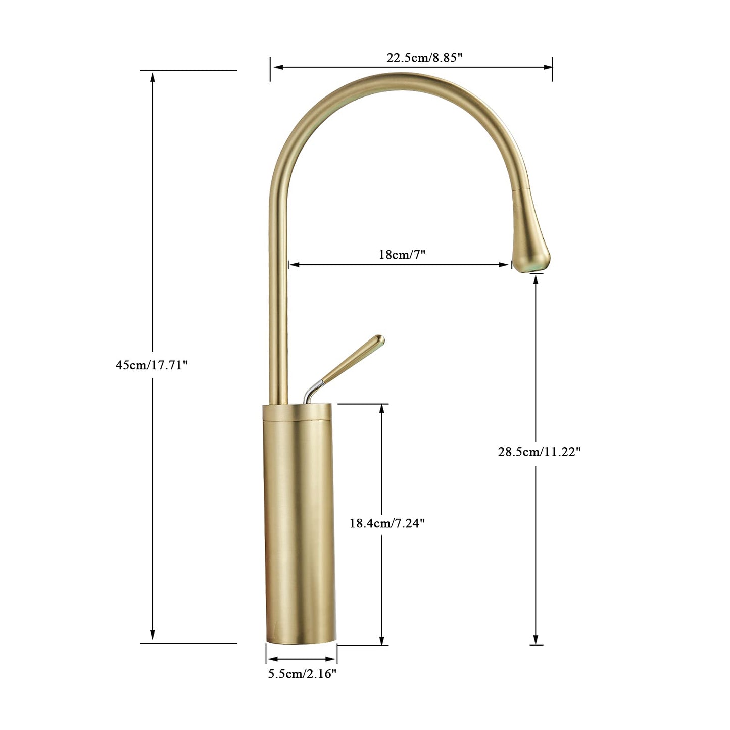 JUNSOTTOR Bathroom Faucet Brushed Gold Basin Tap Single Handle High Basin Mixer made of Brass