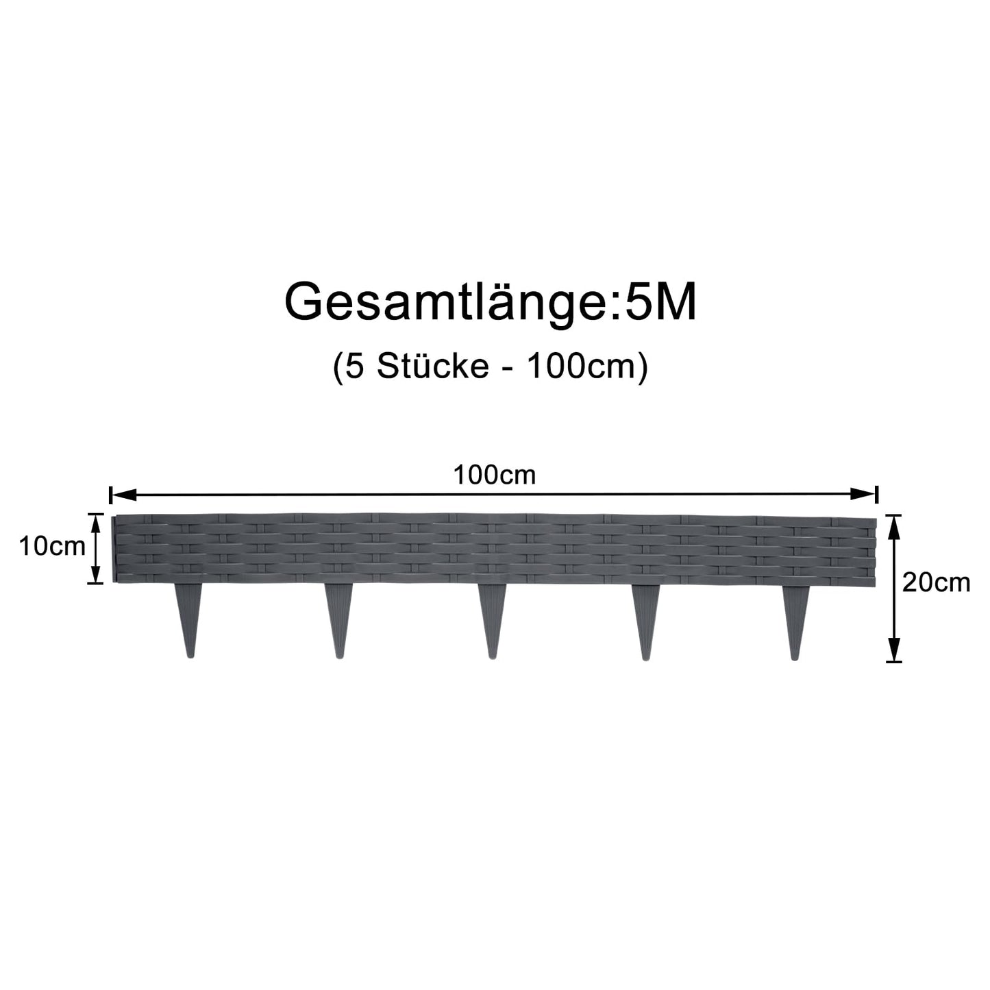 5m Rattan lawn edging plastic with 5 elements of 100 cm each. Rattan-look design, flexible for garden borders. Bendable edging for lawns, flower beds in anthracite color.