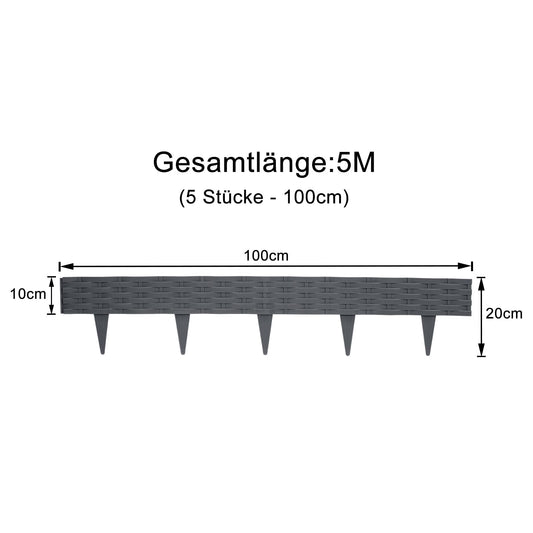 5m Rattan lawn edging plastic with 5 elements of 100 cm each. Rattan-look design, flexible for garden borders. Bendable edging for lawns, flower beds in anthracite color.